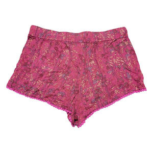 Ecote Pink Orange Psychedelic Floral Rayon Pom Pom Fringe Shorts Small Boho